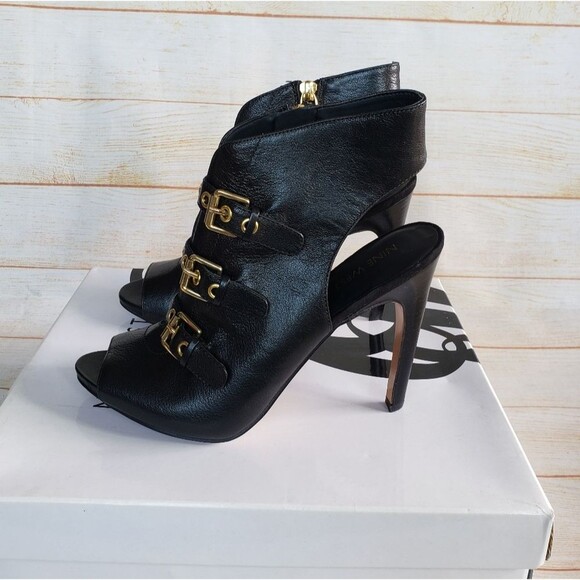 Nine West Leather Mohawkit Peep Toe Heeled Ankle Boots Booties Buckle Black 8M - Picture 5 of 16